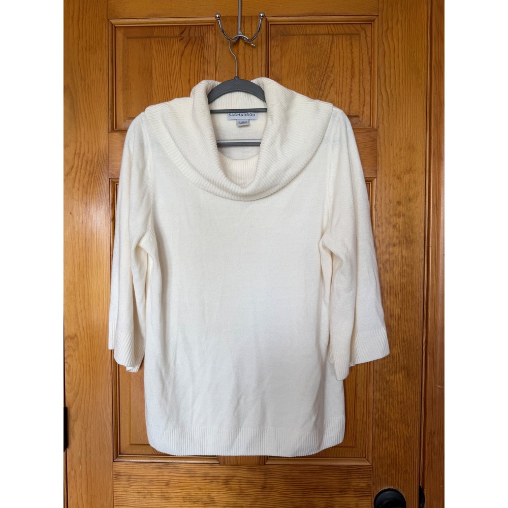 Sag Harbor Women Ivory Cowl Neck Sweater Elbow Sleeve Acrylic Knit XL Cream